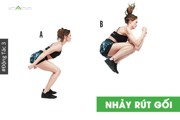 Chuẩn bị: Chống bàn tay và mũi chân xuống thảm, cánh tay và vai vuông góc với sàn (giống tư thế chuẩn bị hít đất)
